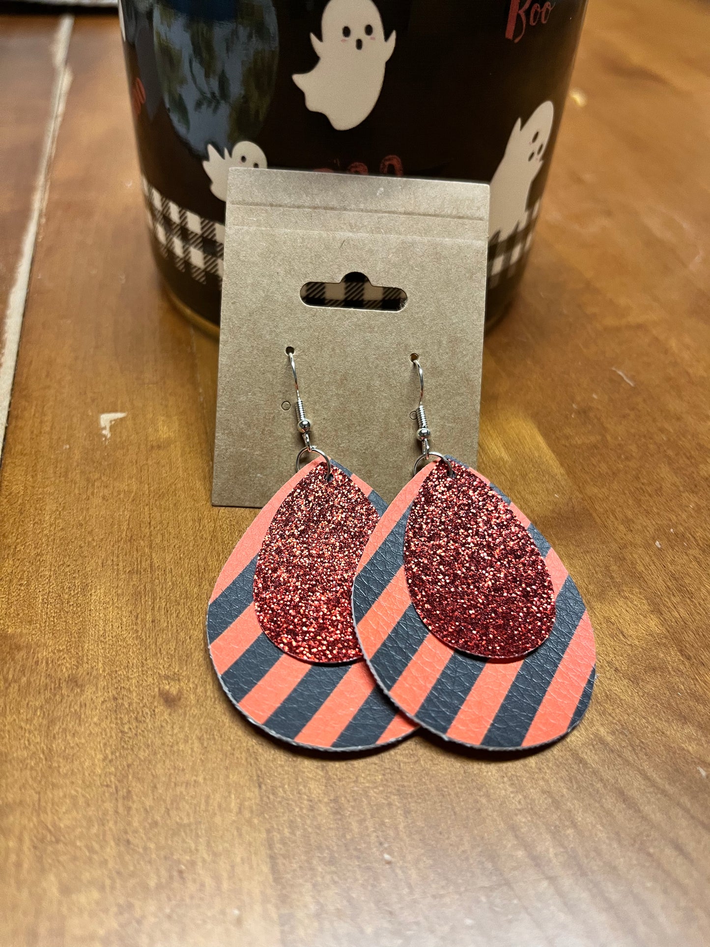 Orange and black strip with red glitter front Earrings