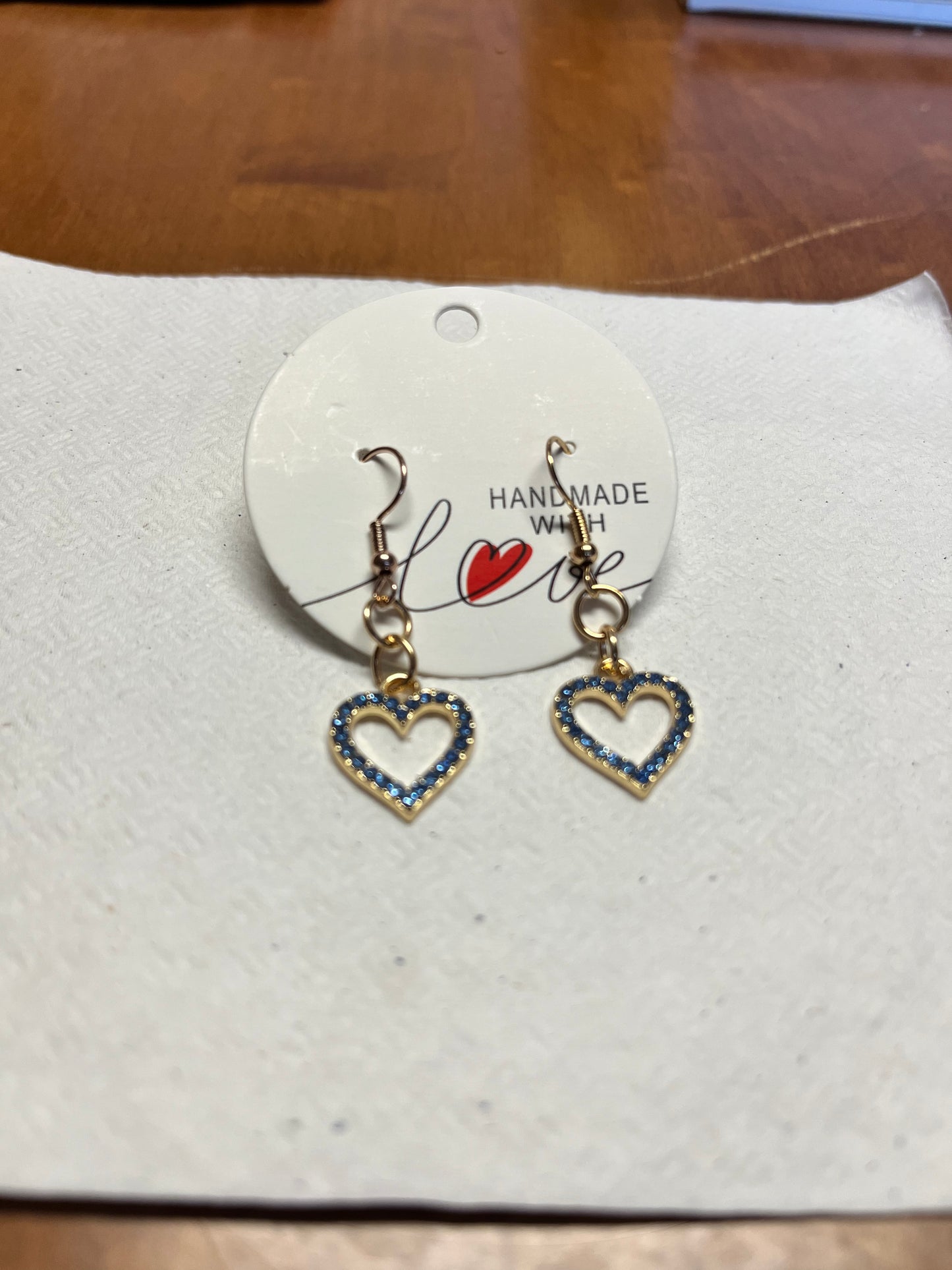 Gold Heart Earrings - Blue Rhinestone