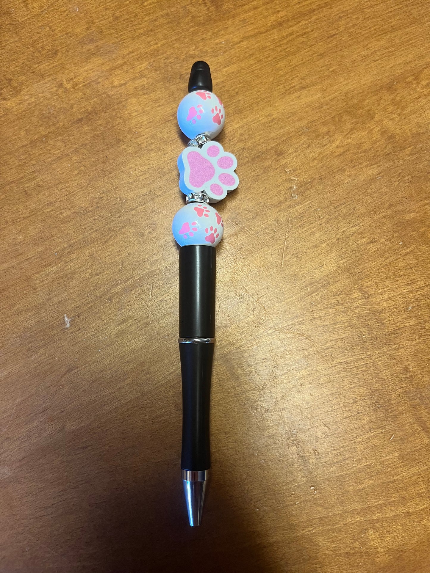 Pen - Black with pink paw print beads