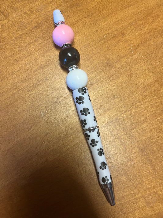 Pen - Paw print with pink, black, white beads