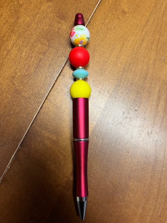 Pen - Red with floral pattern bead