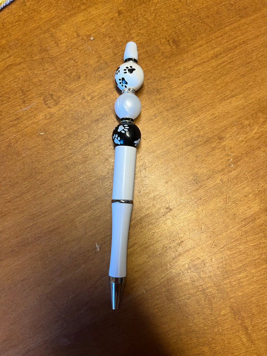 Pen - White with paw print beads